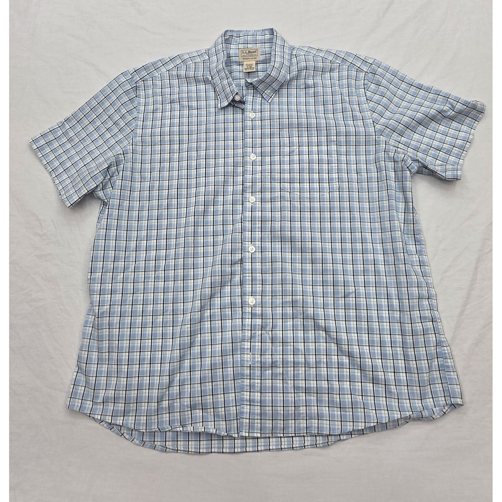 LL Bean‎ Slightly Fitted Plaid Button Down Blue Short Sleeve Shirt Size XL-REG